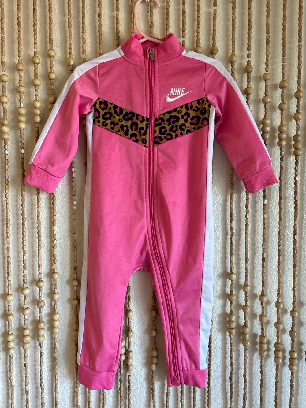Nike Pink White Cheetah-Trim Kids One-Piece Zip Track Striped Side Jumpsuit 18m